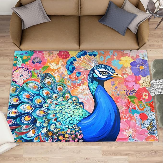 Peacock Area Rug 6x9-6x9 Rug, Boho Floral Rugs - Image 2