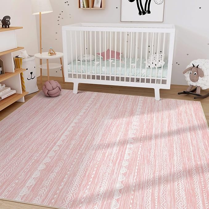 Nakagishi Pink Rugs for Bedroom Girls: 4x6 Washable Boho Large Neutral Area Rug - Image 7