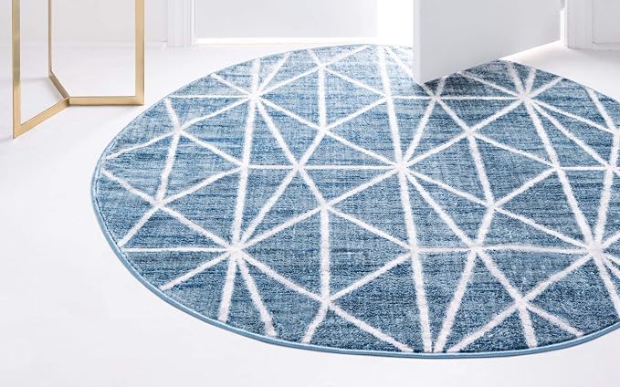 Rugs.com Lattice Trellis Collection Rug – 8 Ft Round Blue Low-Pile Rug Perfect - Image 4