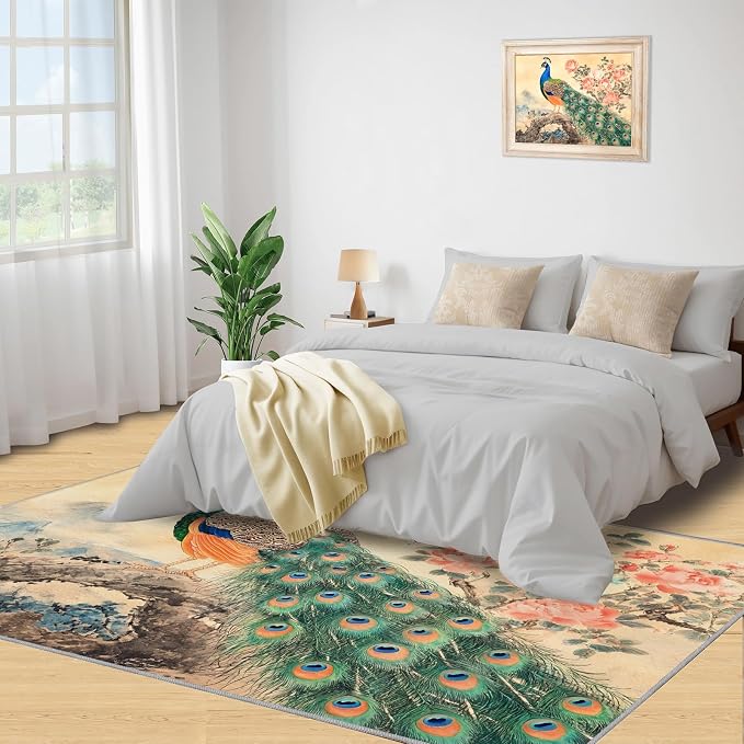 Peacock Peony Flower Area Rug 4x5-4x5 Rug, Classic Peacock Peony Rugs - Image 4