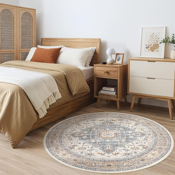 Round Rug Living Room Rugs: 6Ft Washable Boho Neutral Large Circle Soft Indoor - Image 4