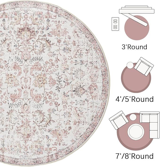 jinchan Kalen Round Rug 4ft Area Rug Washable Vintage Indoor Retro Accent - Image 3