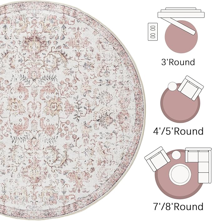 jinchan Kalen Round Rug 5ft Area Rug Washable Vintage Indoor Retro Accent - Image 7