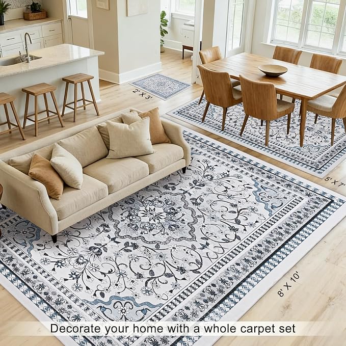 Luxury 8' x 10' Green Washable Area Rugs, Boho Low Pile Easy Clean Non-Slip Rug - Image 2