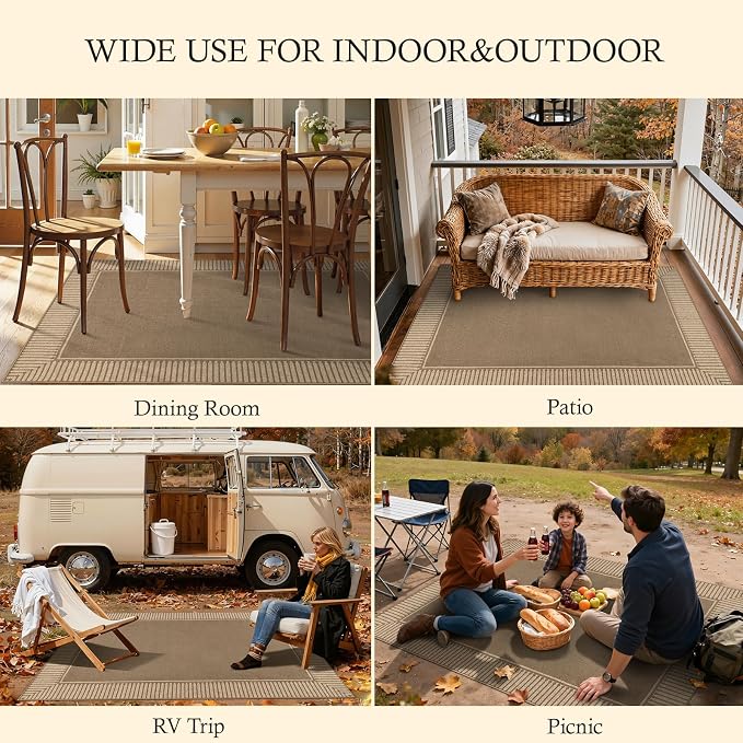 Moynesa Brown Striped Border Easy Jute Outdoor Indoor 5x7 Area Rugs - Image 6