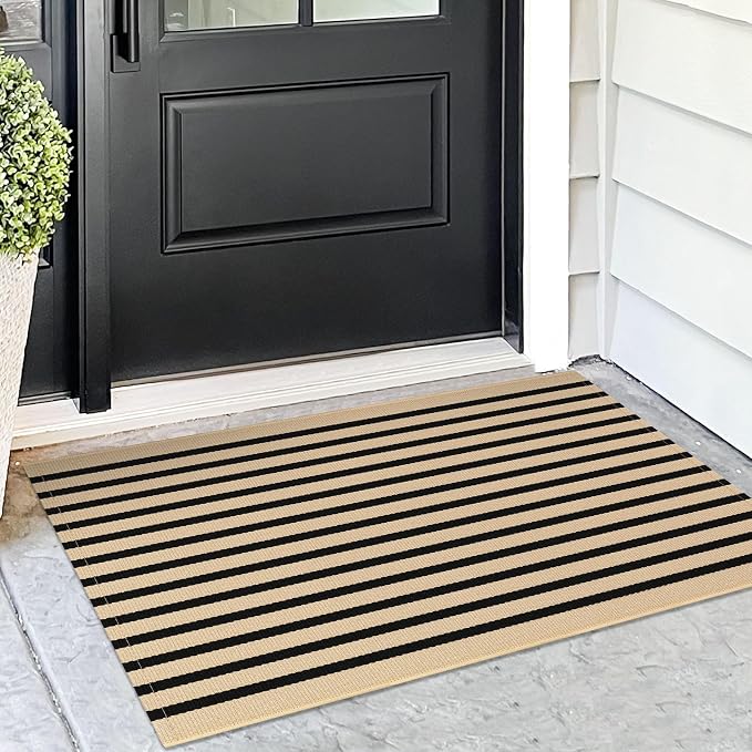 KOZYFLY Brown and Black Striped Porch Rug 2x3 Ft Small Area Rug Cotton Outdoor by KOZYFLY