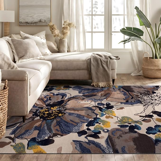 Rugshop Cream Bright Flowers Non Slip Non-Shedding Area Rug - Image 9