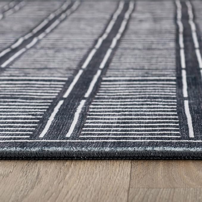 Rugshop Bohemian Stripe Lines Washable Non Slip Runner Rug 2' x 8' Black - Image 3