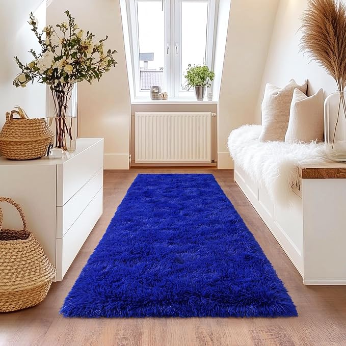 Blue Runner Rug for Hallway, Bedroom Bedside Plush Rugs, Non Slip Fluffy Shaggy - Image 3