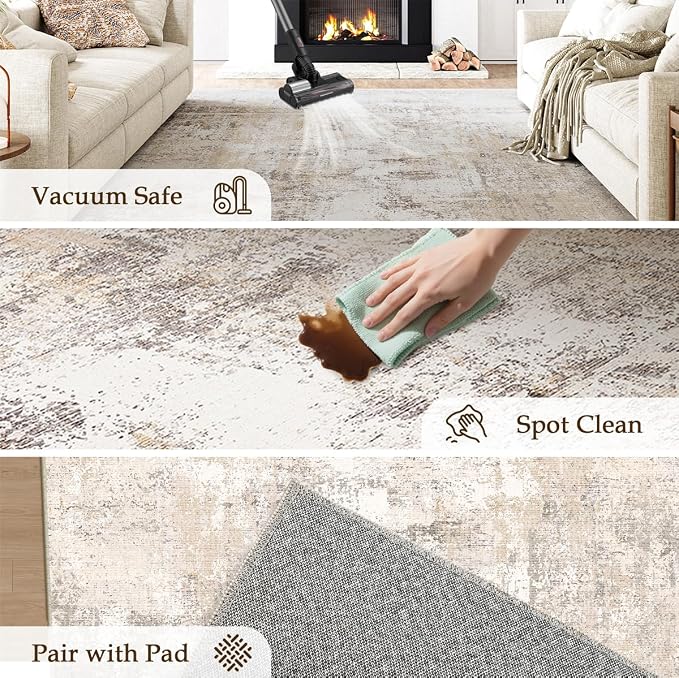 5x7 Washable Area Rug Beige Grey Abstract Living Room Bedroom Throw Rug Neutral - Image 5