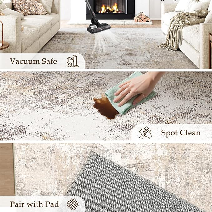 6x9 Washable Area Rug Beige Grey Abstract Living Room Bedroom Throw Rug Neutral - Image 5