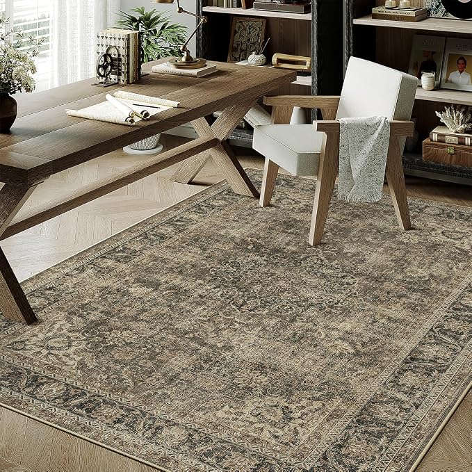 4x5 Washable Brown Area Rug Vintage Entryway Office Carpet Non-Slip Soft Low by WondRg