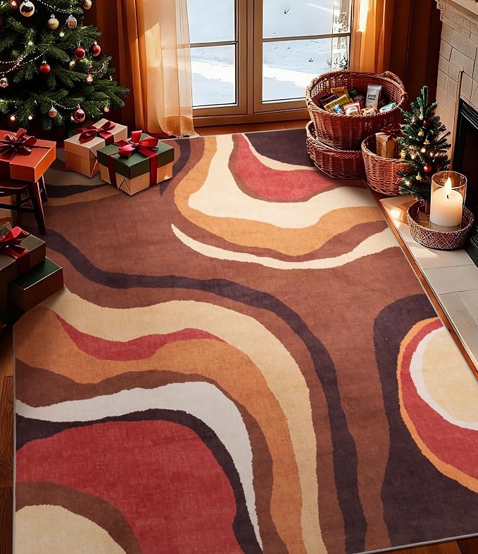 YIHOUSE Burnt Orange Rug 4x6 Washable, Farmhouse Brown Retro Carpets, Geometric by YIHOUSE