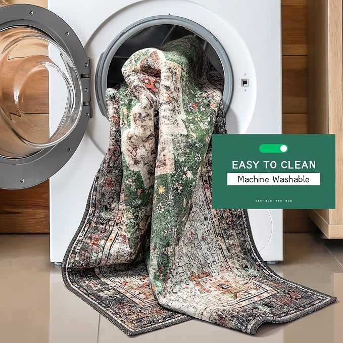 8x10 Area Rug - Green Boho Washable Vintage Low Pile Non-Slip Large Rug - Image 3