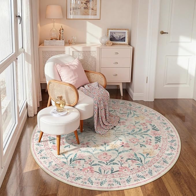 Wonnitar Pink Floral Round Rugs 5ft, Soft Circle Rug Non Slip Washable Round - Image 3