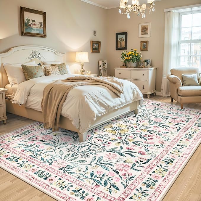 8x10 Area Rugs for Living Room: Floral Washable Rug Vintage Large Soft Boho - Image 3