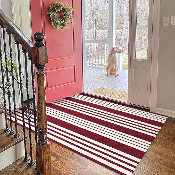 KOZYFLY Striped Outdoor Rug 3x5 Ft Red and White Christmas Front Door Rug Woven - Image 7