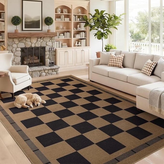 Checkered Jute Rugs, 6x9 Large Washable Outdoor Patio Rug, Living Room Bedroom by VasofeSoftFluffyRugs