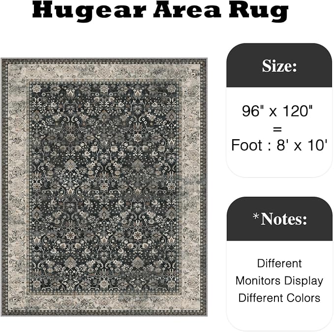 HUGEAR 8x10 Machine Washable Rugs Black Beige Hallway Large Area Rug Indoor - Image 2