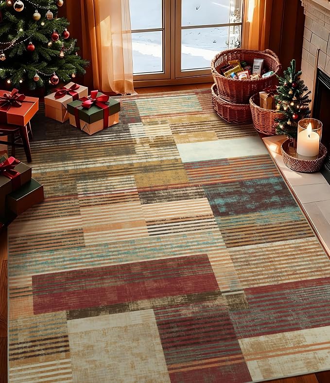 YIHOUSE Brown Area Rug 4x6, Farmhouse Rugs Washable, Vintage Burgundy Carpets by YIHOUSE