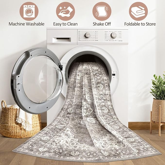 10x14 Area Rugs Living Room: Washable Boho Large Neutral Vintage Soft Rug Stain - Image 2