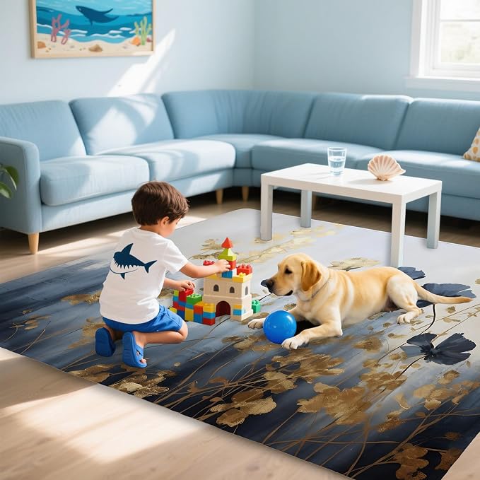 Blue Gray Flower Area Rug for Living Room, Non-Slip Backing Low Pile Modern - Image 7