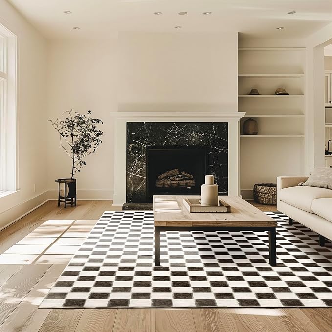 EVERGRACE Checkered Plaid Area Rug 9x12, Soft Fuzzy Faux Wool Rugs Washable - Image 2
