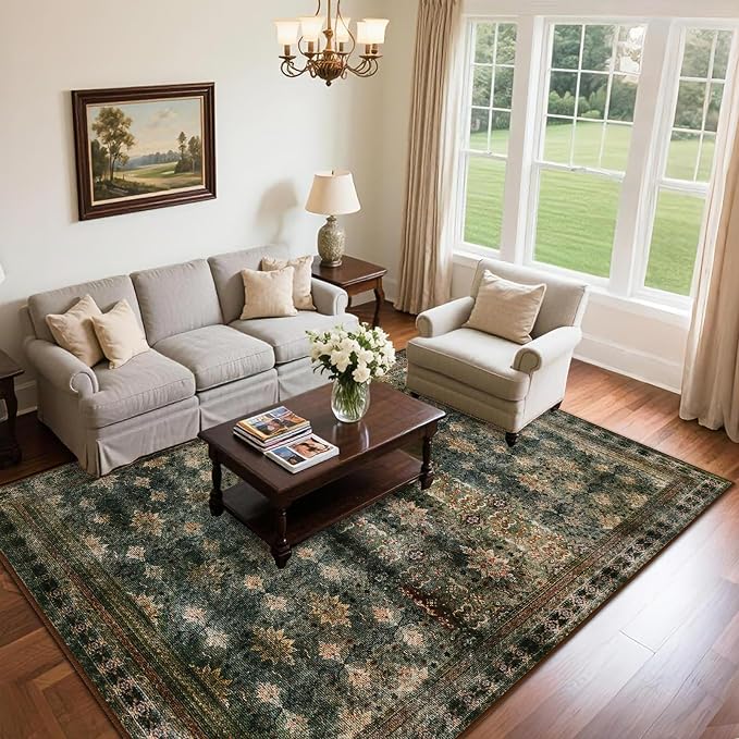 6x9 Washable Area Rug Non Slip, Thin Vintage Floral Living Room Rug Low Pile - Image 7