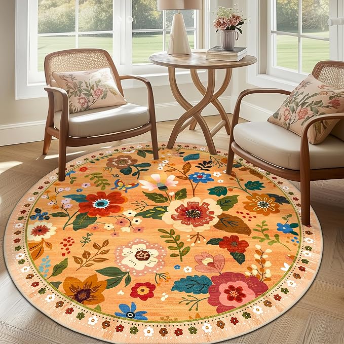 Floral 6ft Area Rug Machine Washable Soft Print Boho Carpet Non Slip Doormat by RELEANY