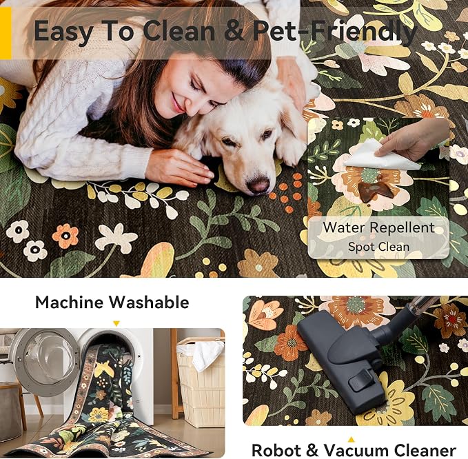Floral 9x12 Area Rug Machine Washable Soft Print Boho Carpet Non Slip Doormat - Image 4