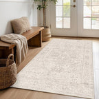 FMFUNCTEX 3x5 Washable Area Rug Beige Vintage Neutral Distressed Non Slip Low by Fmfunctex