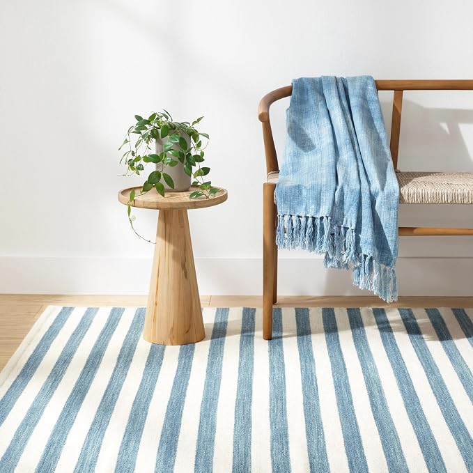 Home Conservatory Ladder Stripe Blue/Ivory Handwoven Wool 5 X 8 Feet - Image 2