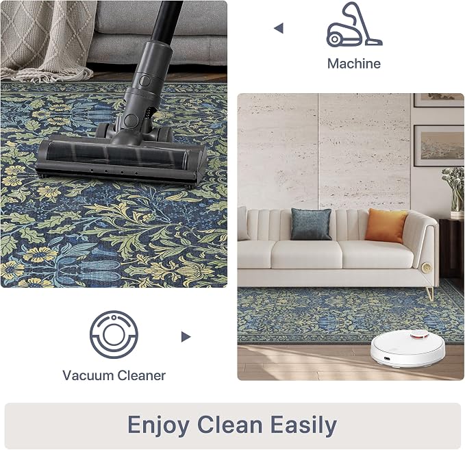 Bavni Floral Dark Blue Area Rugs 8x10, Vintage Boho Carpet Machine Washable - Image 8