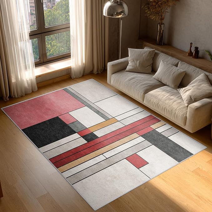 6x9 Abstract Geometric Rugs for Bedroom Decor, Washable Black White Red - Image 3