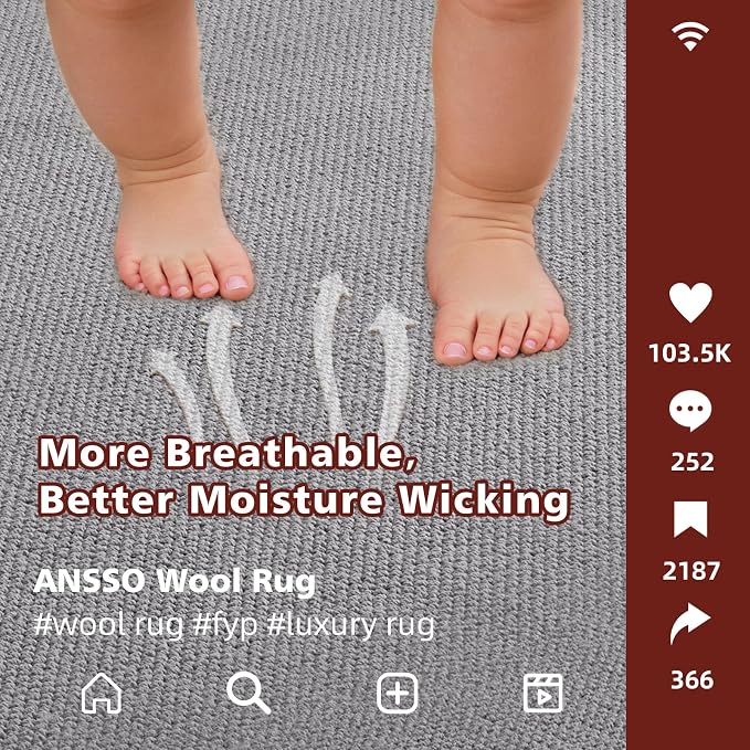 ANSSO Wool Rugs 8x10 for Living Room, 80% Merino Wool and 20% Cotton Soft - Image 6