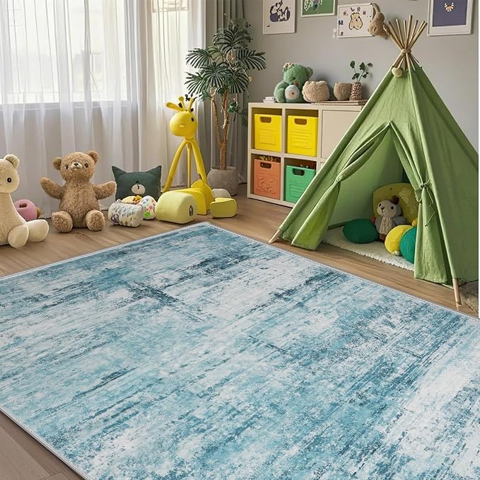 9x12 Abstract Area Rugs for Living Room, Modern Teal Grey Washable Indoor Rug - Image 3