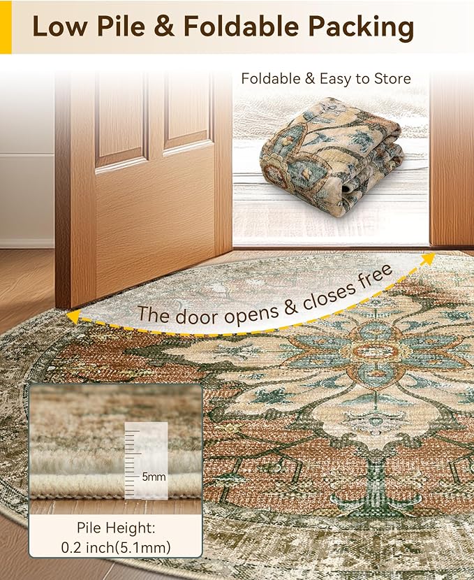 Area Rugs 7ft Washable Non-Slip, Floral Vintage Distress Print Pattern - Image 5