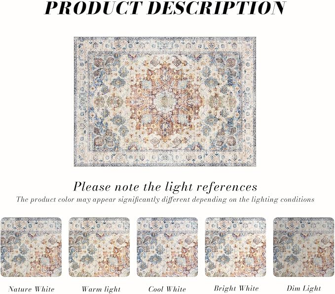 Area Rug 4×6, Vintage Boho Rug, Ultra-Soft Low Pile, Non Slip, Stain Resistant - Image 3