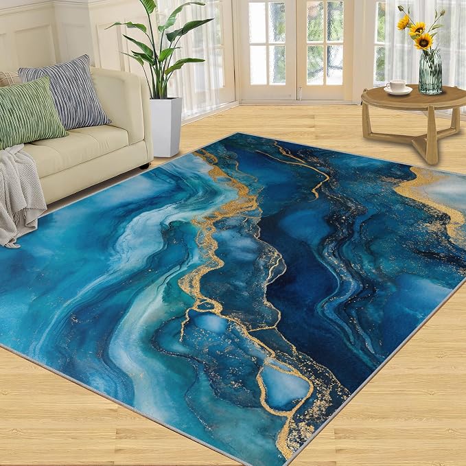 Blue Gold Marble Rugs for Bedroom - Image 3