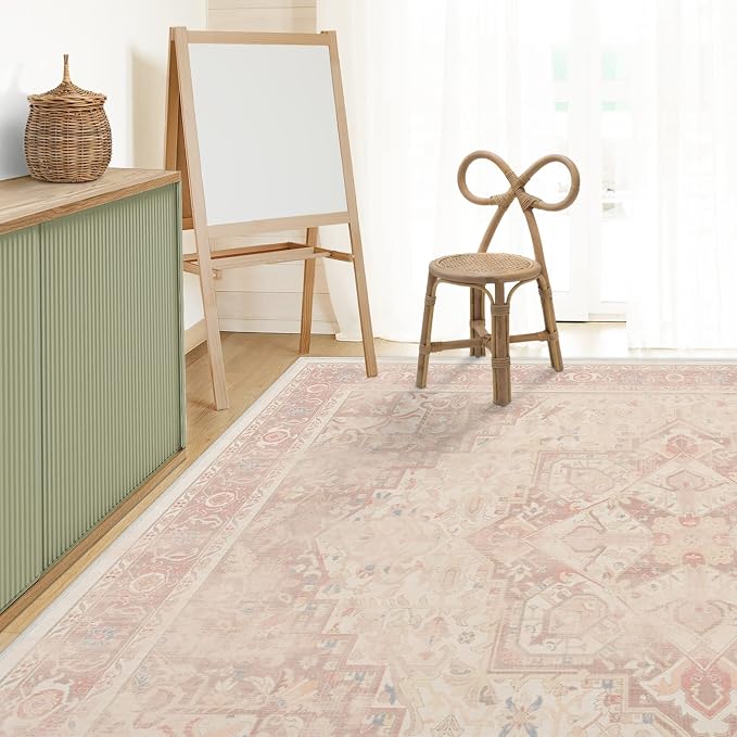 RUGGABLE Washable Area Rug – Kamran Soft Pink 9x12, Stain-Resistant, Non-Slip – by RUGGABLE