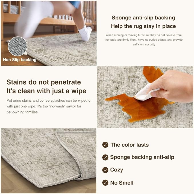 HUGEAR Washable Hallway 2x6 Runner Rugs Retro Beige Vintage Distressed Non Slip - Image 5
