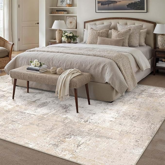 7x9 Washable Area Rug Beige Grey Abstract Living Room Bedroom Throw Rug Neutral - Image 3