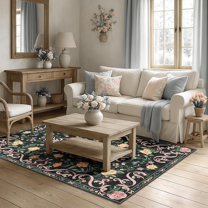 Black Rug Bow Floral Rug 3x5, Washable Boho Area Rugs Non Slip Low Pile Carpet - Image 4