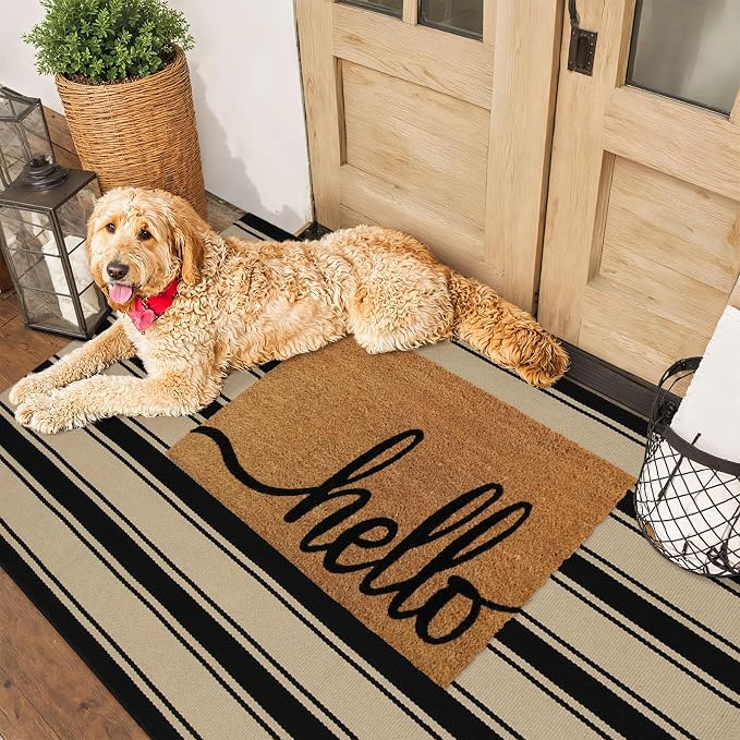 Striped Outdoor Rug 3'x5', Cotton Hand Woven Rug Front Door Mat, Washable - Image 6