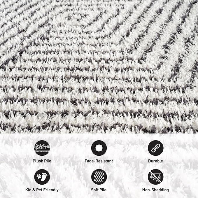 Rugshop Geometric Diamond Stripe Shag Area Rug White 7' 10" x 10' Perfect - Image 5