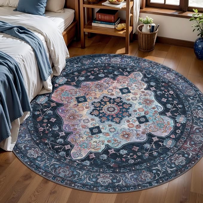 Tangsoo Vintage Round Rug 5ft, Washable Circle Rug, Non Slip Boho Round Area Rug by Tangsoo