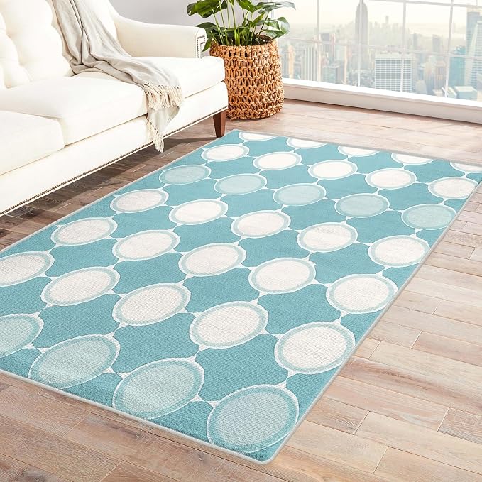 Aqua and White Area Rug, Machine Washable, Non Slip, Fade Resistant, Stain by Unknown