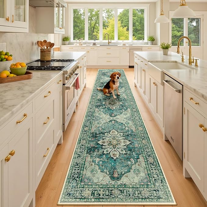 Area Rugs 3'x10' Washable Non-Slip, Floral Vintage Distress Print Pattern by RELEANY