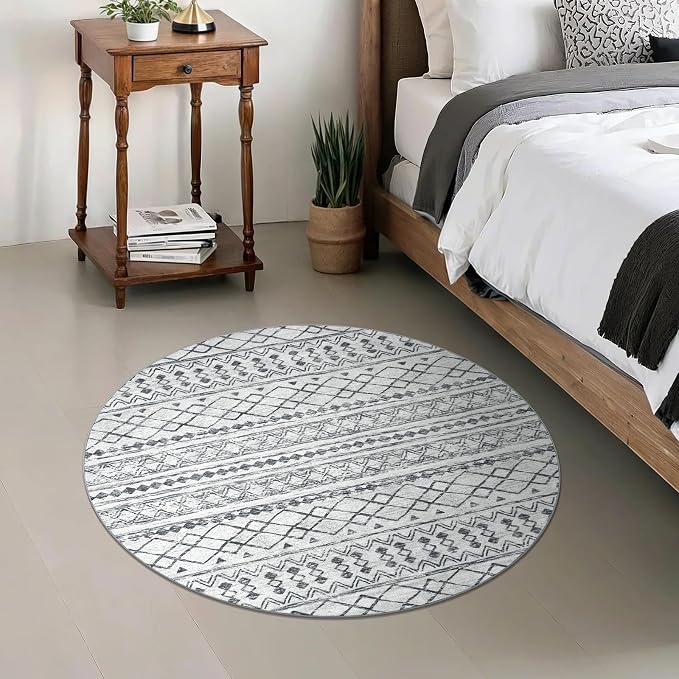 KUTA Washable Circle Rug 3Ft Grey Moroccan Washable Round Area Rugs Boho Foyer - Image 3