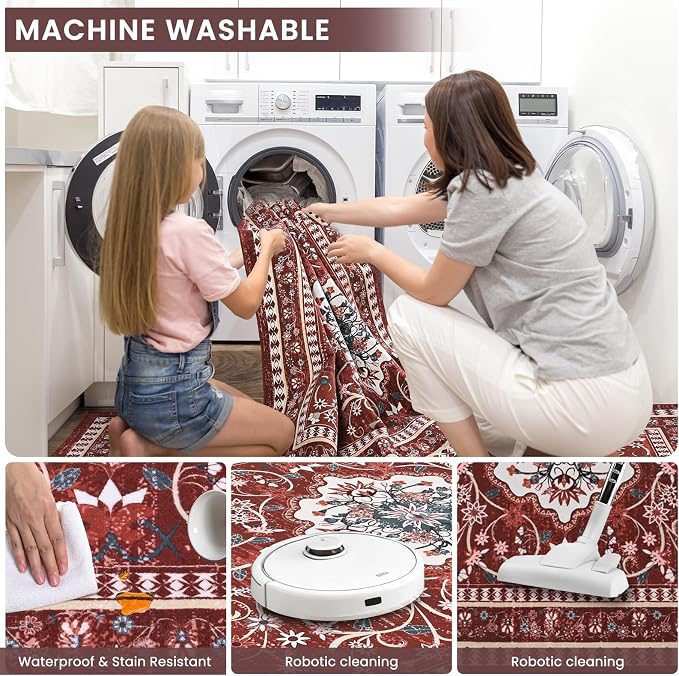 Luxury 5' x 7' Red Washable Area Rugs, Boho Low Pile Easy Clean Non-Slip Rug - Image 6